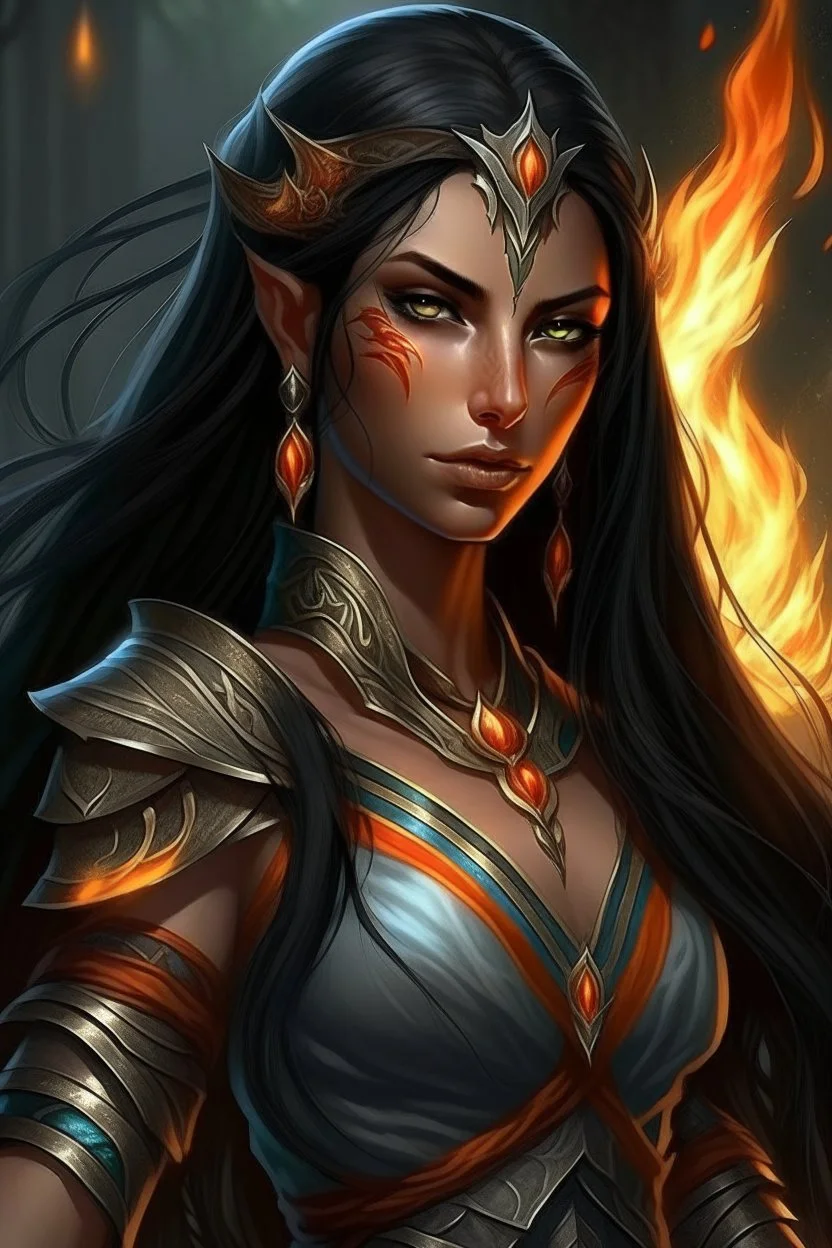 Imagine a powerful eladrin druid with striking black hair. Her eyes glow like intense fire as she effortlessly conjures flames with her hands. Long hair, half braided and cascading, appears ablaze, emitting fire. Clad in light armor, she relies on magic and fire, bearing a significant scar on her face. Tanned skin complements her commanding presence, while a fiery crown-like adornment graces her black hair.