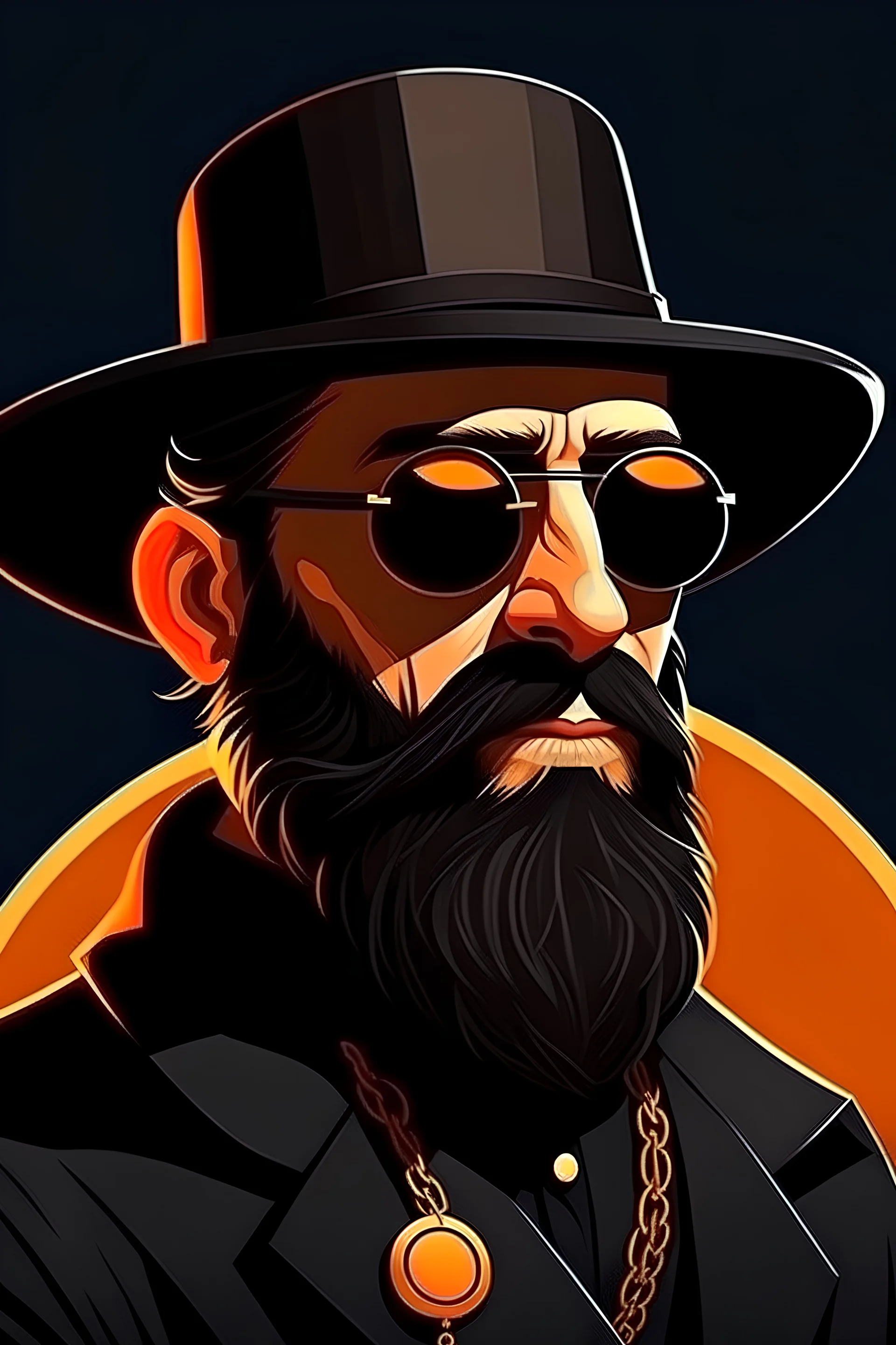 saint gunman with round sunglasses and a black coat and beard in the wild west, in a realistic style