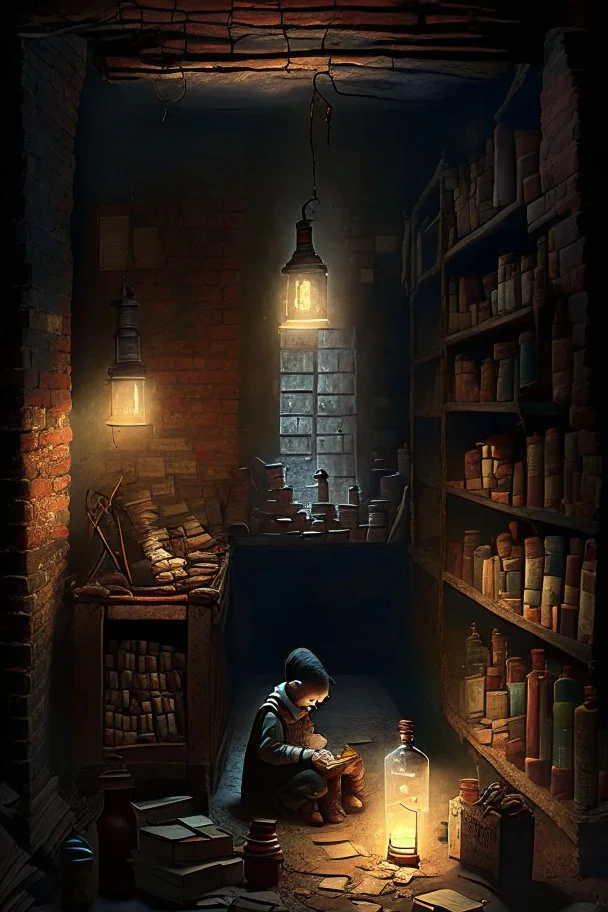 A dark, dingy brick dungeon, with a small shelf hanging on the back wall, containing only nine vintage bottles of various sizes, and a lantern sitting on the floor, casting light on a pile of books with a young child studying