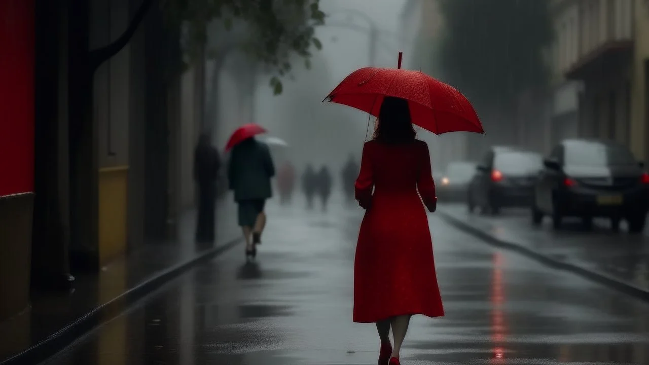 A woman seen from behind in a red dress and a white umbrella walks down the street on a rainy, foggy day