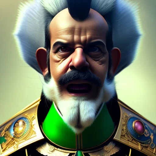 hyper realistic, realistic - anime, portrait, beautifully rendered, luis guzman as luigi wearing green, smirking deviously, luigi, luigi's nose, painted by jan van eyck, greg rutkowski, wlop, artgerm, dishonored 2,