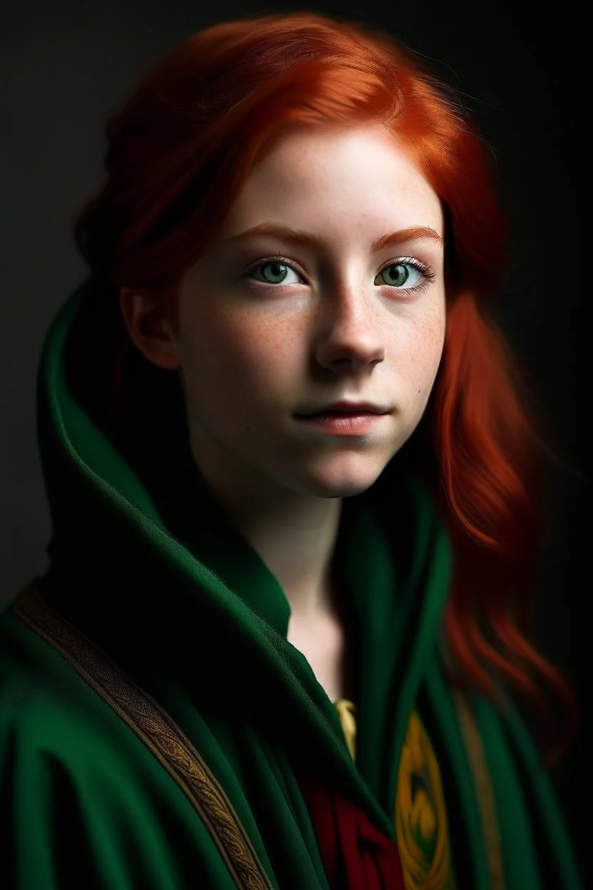 A girl with red hair and green eyes and she is wearing a Hogwarts robe