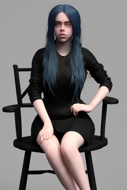 Billie Eilish, sitting on a chair, Black Short Dress, high detail, realistic