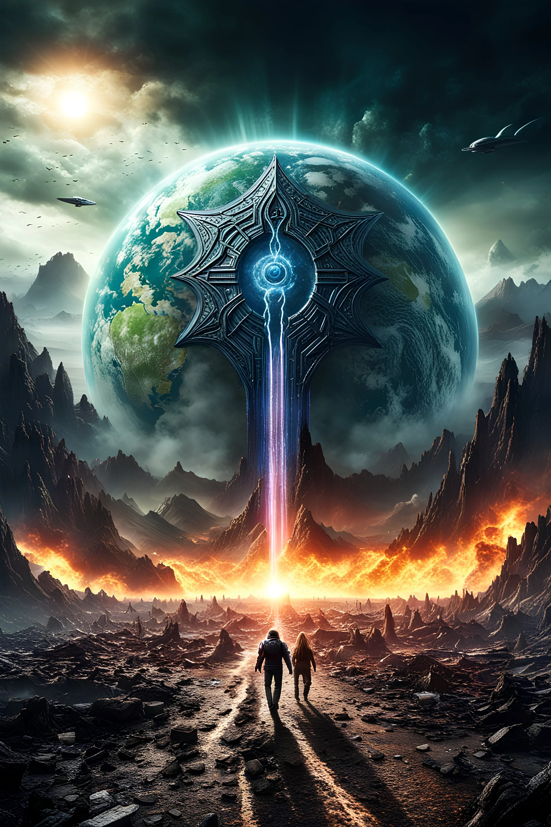 A eldritch apocalypse has begun, a giant runes gate in the sky is releasing monstrous beings upon the Earth, humans running away in panic, devastated scotched earth setting, alien energies are seeping trough, 8k resolution, dynamic lighting, realistic details, masterpiece, hyper detailed