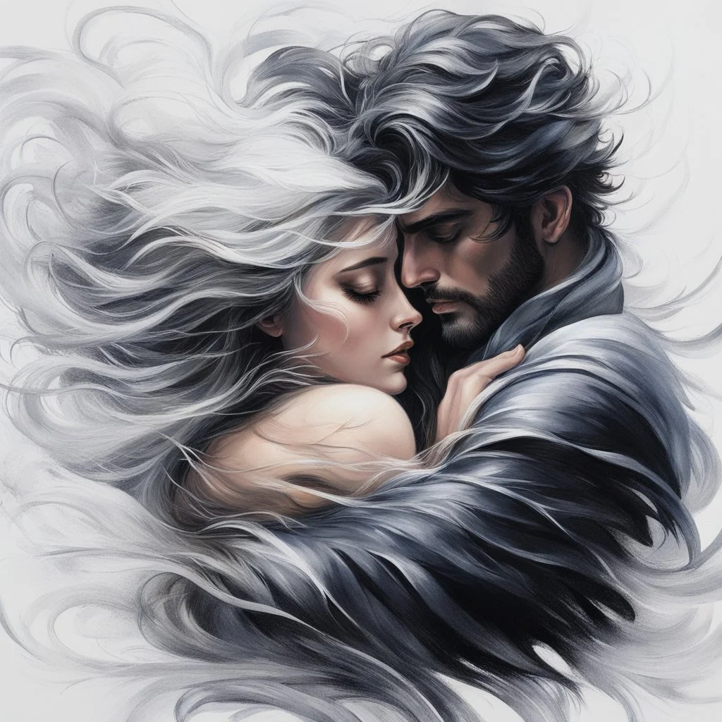 a painting of a man and a woman embracing each other. The man is holding the woman close to him, and the woman has her arms wrapped around his neck. The man has dark hair, and the woman has long, flowing white hair. The background is a swirling mass of white and black.