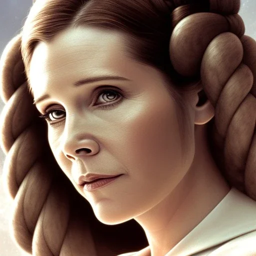 extremely detailed 8k hyperspace wallpaper,complete and photo realistic detailed head to waist stunning photo realistic portrait of carrie fisher as Princess Leia in star wars with photo realistic fine, simple and symetric hairstyle, brown eyes, professional majestic photo realistic painting by Ed Blinkey, Atey Ghailan, by Jeremy Mann, Greg Manchess, Antonio Moro, trending on ArtStation, Intricate, High Detail, Sharp focus, dramatic, by greg rutkowski, realism, beautiful and detailed lighting,