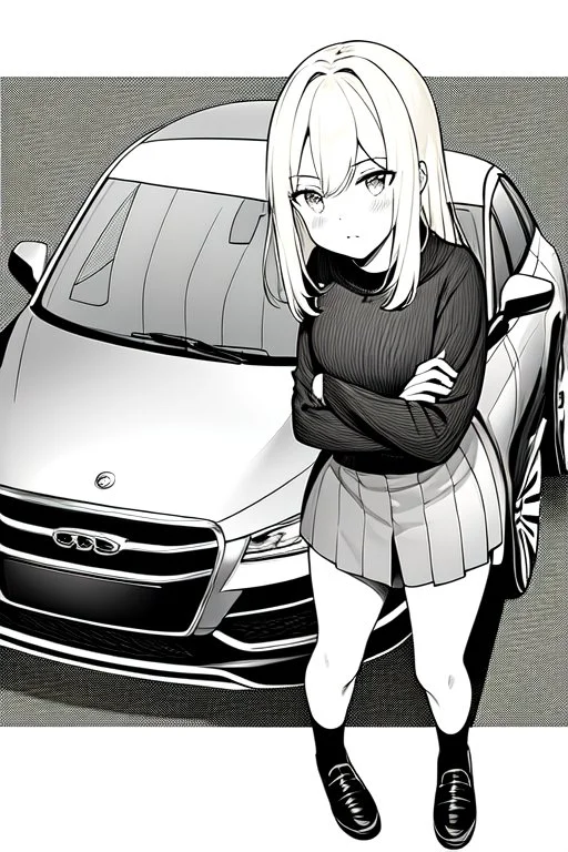 blonde young girl inside car, greyscale