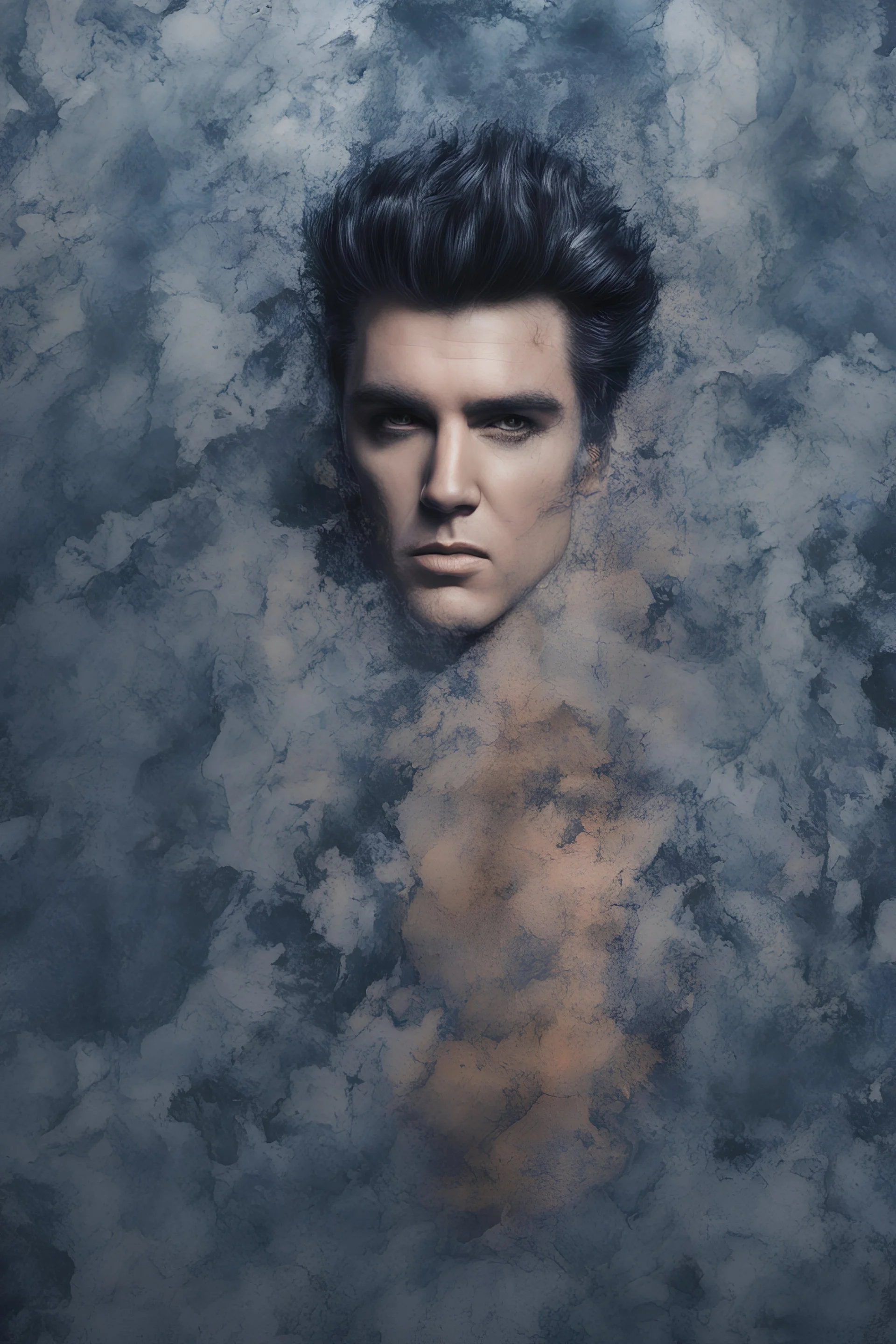 Elvis Presley, Billy Idol Hybrid, 4k UHD, photorealistic, dark blue foggy gradated marble wall background, extremely detailed skin texture,