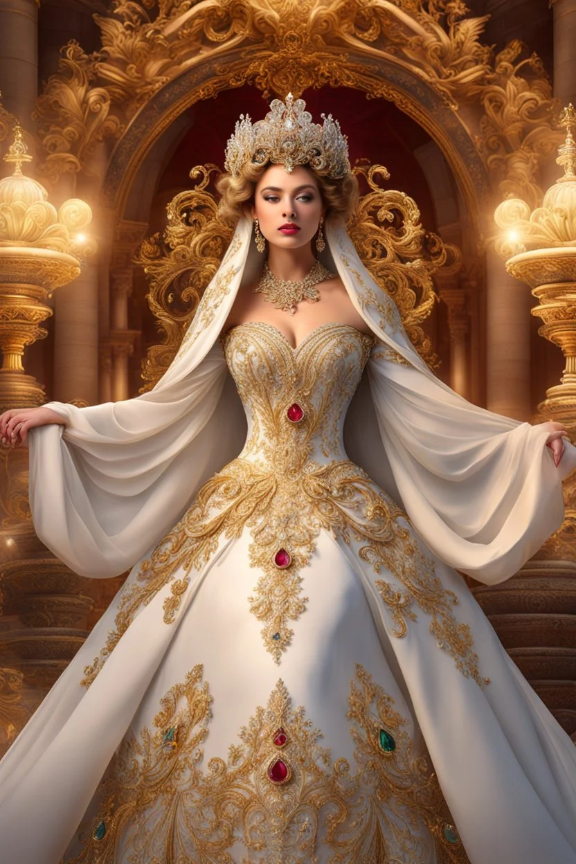 Photography realistic Beautiful Queen Angel wearing a magical gown of swirly flowing marble water gold filigree curlicues, flowering flowers, bloom, sparkle, ornamental gilt, diamonds, rubies, emeralds, sapphires, beautiful, delicate, intricate, elegant, graceful, shiny, Hyperrealism, Rococo, expressive, spherical, zoom out, volumetric lighting