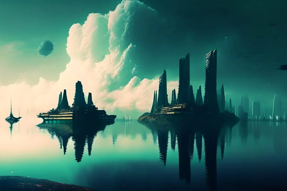 city, sci-fi, lake, ships, clouds, john foxx influence