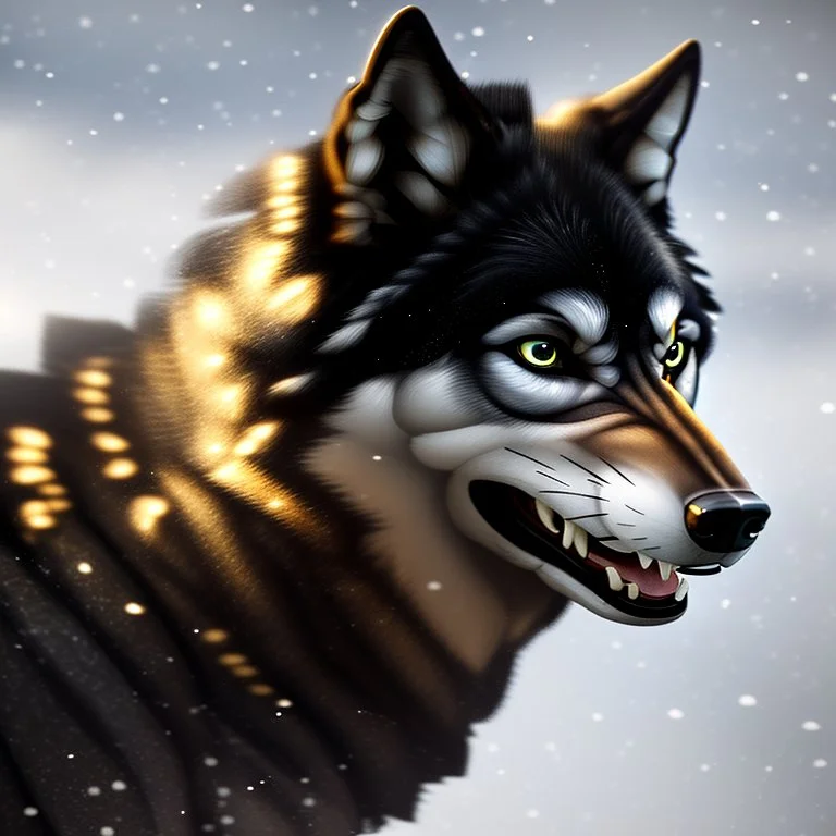 Ultra realistic cg rendering of Jet black wolf with gold eyes and saliva dripping from canine teeth