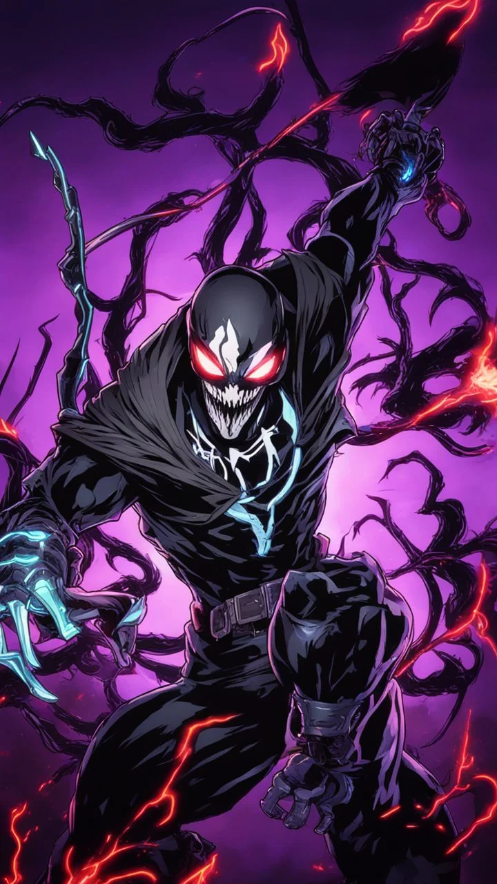 Mix between venom symbiote and Reaper in solo leveling shadow style with neon glowing blue