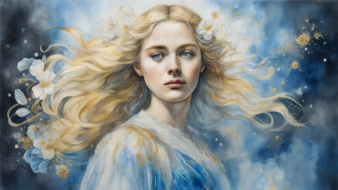 Middle Ages, fine charcoal drawing, watercolor, gouache, acrylic, portrait of a beautiful blonde 25years old, airy dress, double exposure, fantasy, water, blue, loose hair, flower, glare, sparkles, gold, clear lines, high resolution, 3D , photorealism, precise focus