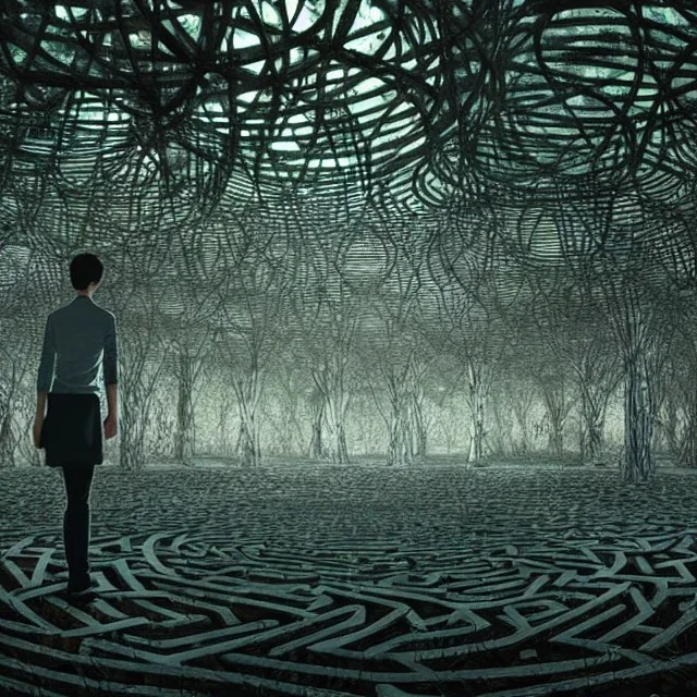 alone in the center of a round maze, sharp focus, highly detailed, art by greg rutkowski and teamLab, realistic