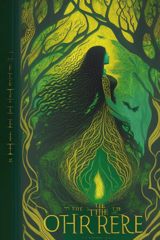 book cover, In the heart of a dense and enigmatic forest with towering ancient trees cloaked in emerald, yellow and amber foliage stands a witch possessing an ethereal allure her lustrous hair cascading in ebony waves down to her slender waist she is slowly turning into a tree herself