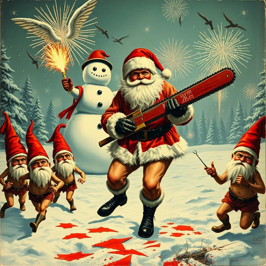 there is no kebabs at christmas, evil naked Santa, evil naked gnomes running around, staring flaming eyes, evil naked Rudolf, very big evil melting angry Frosty the snowman in background, 1940 christmas postcard, blood stains, Flying angels, Santa holding a chainsaw, fireworks,