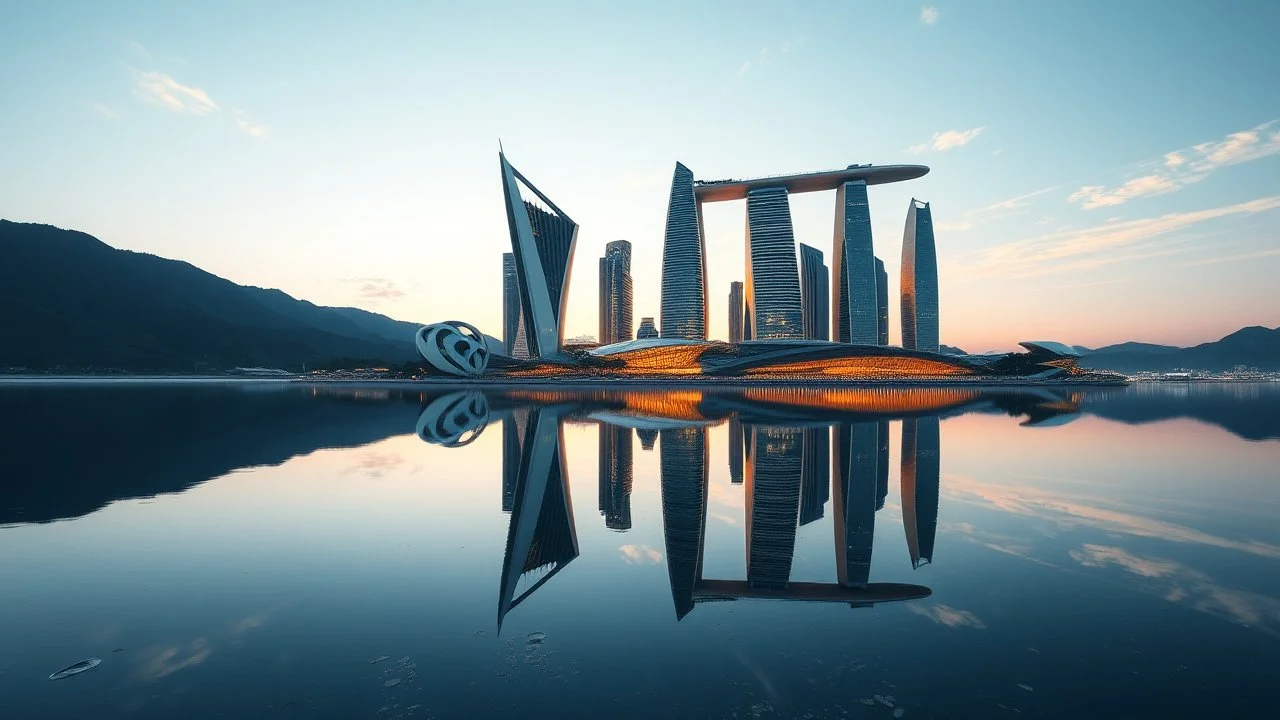 Innovative and awe-inspiring, a futuristic skyline emerges from the water, seamlessly blending sleek, modern structures with natural elements. The reflection of the buildings in the water creates a mesmerizing illusion of unity between man-made and natural elements. This striking photograph captures the essence of contemporary architecture harmonizing with the beauty of the environment. With crisp lines and vibrant colors, this image is a masterpiece of modern design merging effortlessly with th
