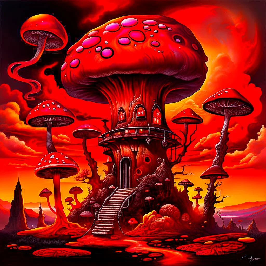 A fantabulous black, red, and orange (((mushroom tower house))) erected atop a (geologic pillar), surrounded by the uncanny imaginative ((( swirling skies))), offset by the stark hues of a (neon-tinged nebulous space scape), within. captured by the hand a skilled master painter with a focus on (softly blurred compositions and voluminous lighting).