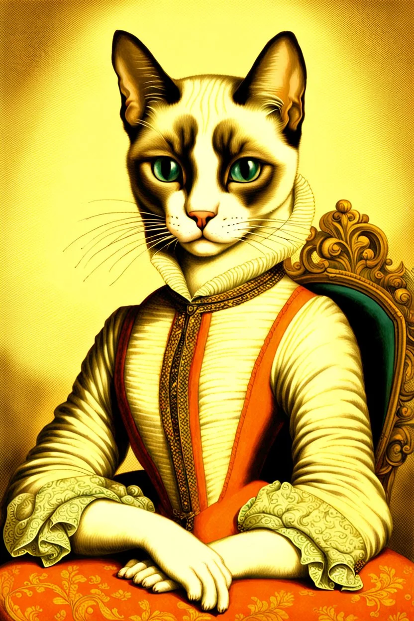 Prompt: the real awesome Siamese Cat queen in regals wearing reading glasses portrait 1600s