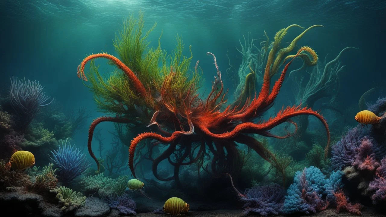 creatures, plants from subanautica from deep sea, leviathan's a lot of sea plants very deep, beautiful, river of magma, green and blue colours