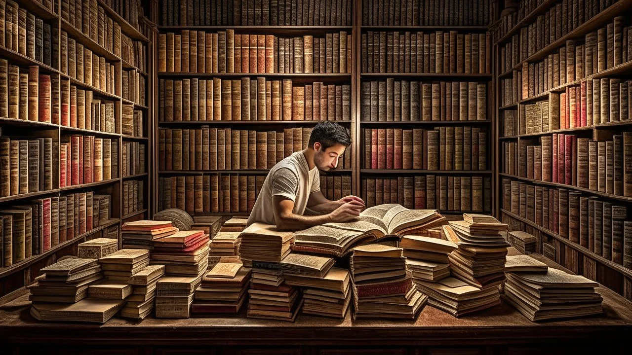 The image captures a moment of deep immersion in the world of books and personal development. It offers a unique glimpse as the person sits surrounded by books, engrossed in reading content that contributes to self-improvement and acquiring new knowledge. The proper lighting and intricate details enhance a positive and motivating atmosphere for learning and growth. The image portrays a scene where the individual is actively engaging in self-development through reading, highlighting the impact of