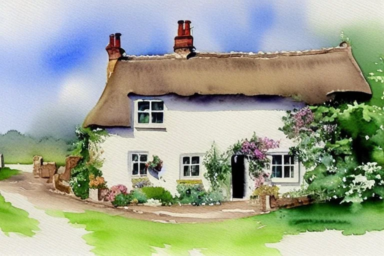 Watercolour of English cottage in the style of jean haines