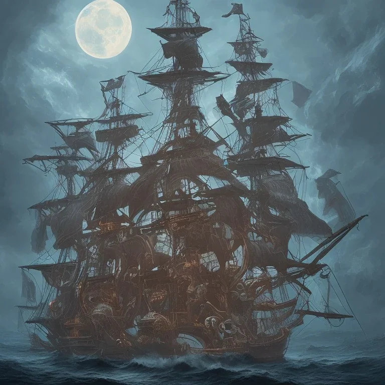 Skeleton pirates on a big, scary ship, artistically