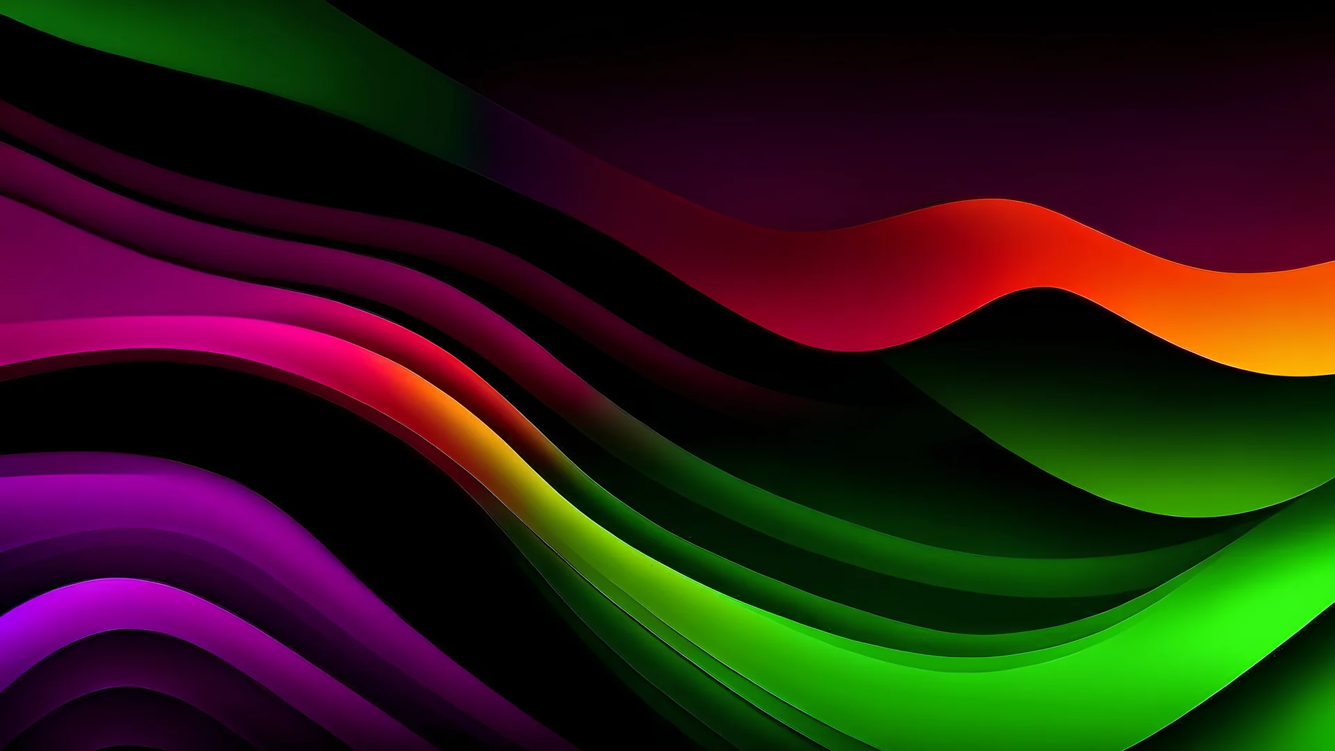 Red yellow green purple color gradient wave background on black, grainy texture effect, copy space