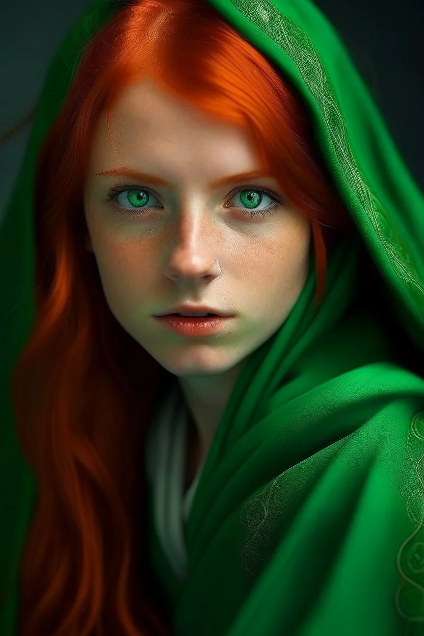 A girl with red hair and green eyes and she is wearing robe