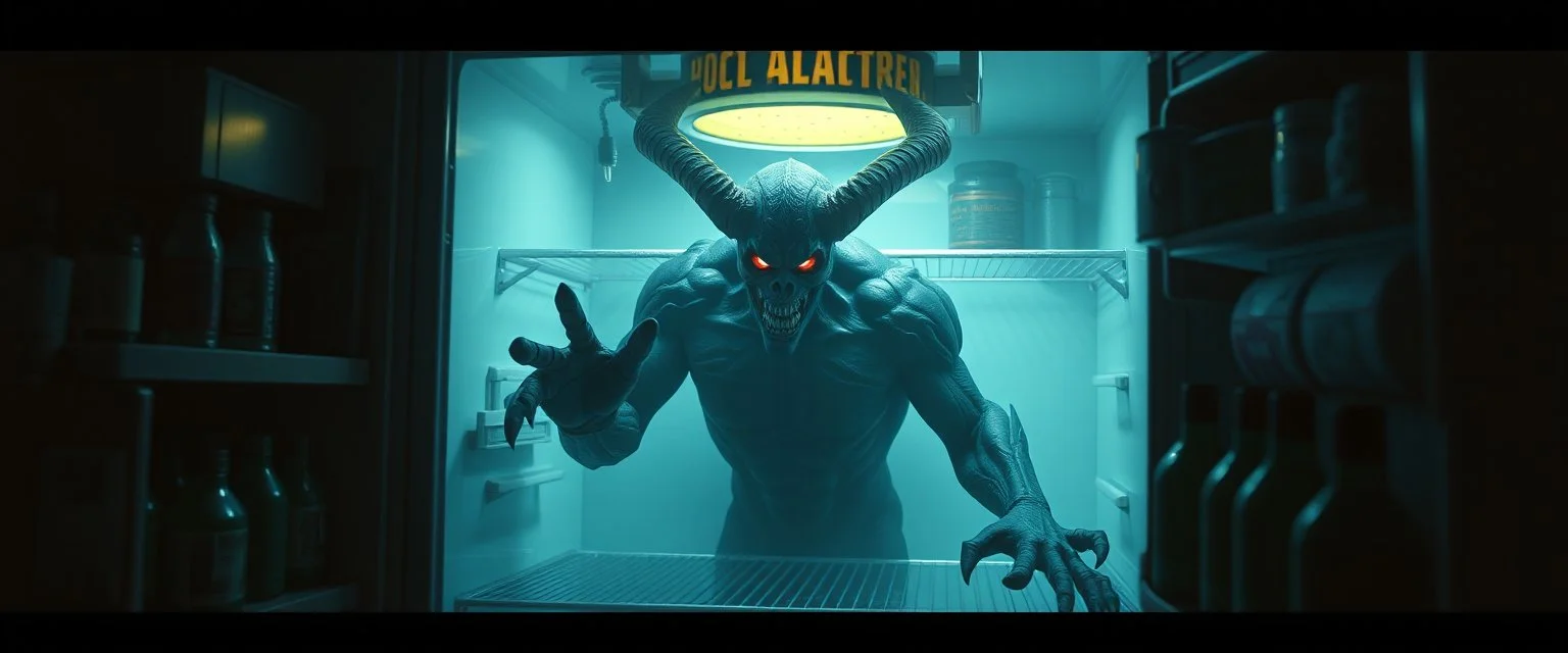 demon in the fridge in the style of cyberpunk 2077