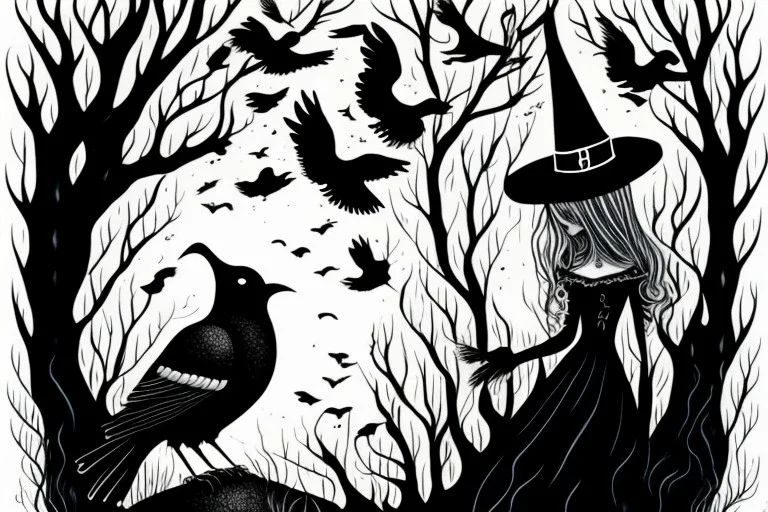 Witch, playing with crows, black cat, perfect iris, ink and pencil, style Barks