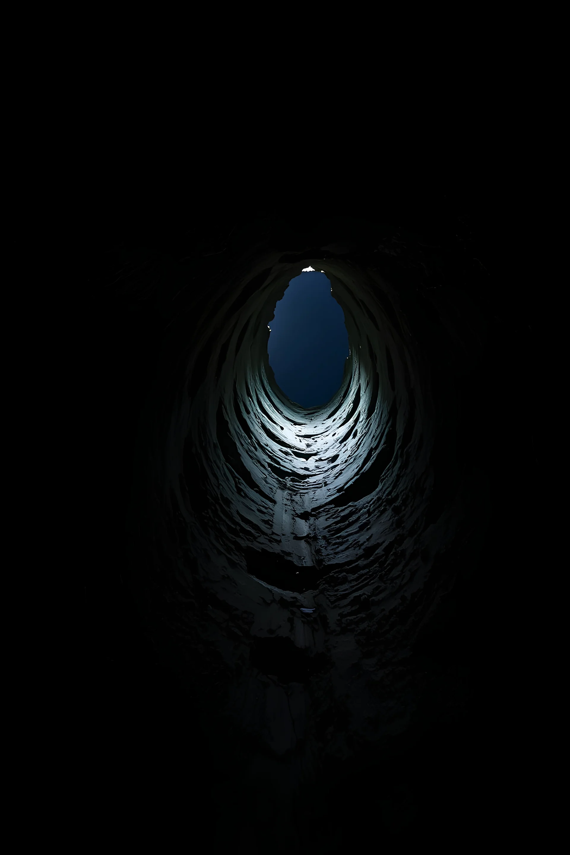 A view from the bottom of a deep well inside a cavern, looking upwards. The well appears extremely deep, its walls rough and ancient, disappearing into darkness above. The top of the well is barely visible, giving a sense of vastness and mystery as it fades into the pitch black