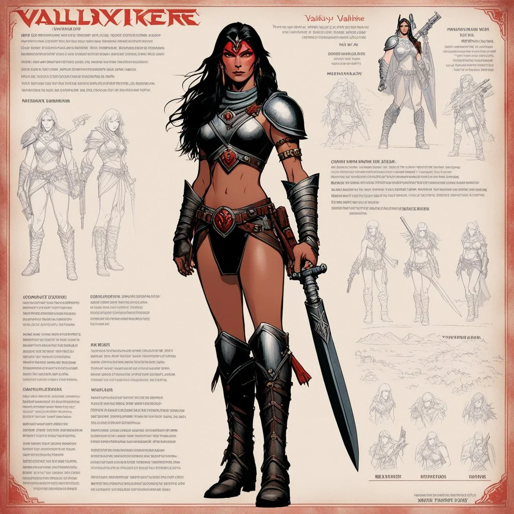 Valkyrie character concept sheet with AD&D statistics and characteristics, [Conan The Barbarian' (1982)] humid jungle forest] thin rainbow female alien warrior tattooed with binoculars and red rubis for eyes leather boots and agent provocateur vivid microchip armour she is supercharged with heavy weapon warfare (Retrofuturism: Where Yesterday’s Tomorrow Still Shines on the foggy battlefield) ready to kill with no inhibitions