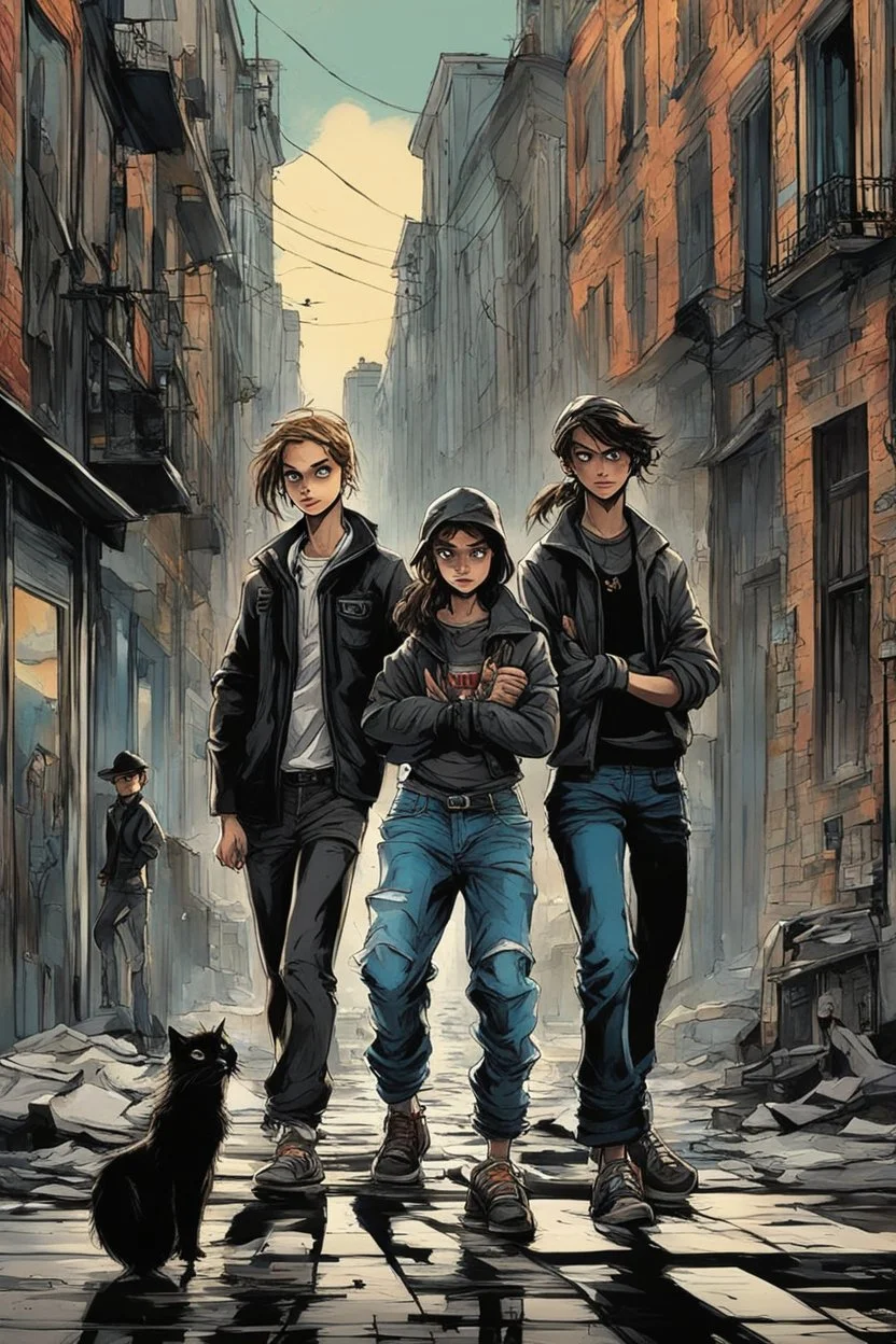 Design a detective book cover for teenagers. Three 15-year-old teenage detectives and a black cat in the centre, one boy on her left, the girl in the centre and one on her right are on the town street. Dynamic style, Banksy style, modern comic book style, mysterious atmosphere, modern clothes, streetwear, street look, Polish style, highly detailed, green eyes, brown eyes, ginger hair, brown hair, blonde hair,