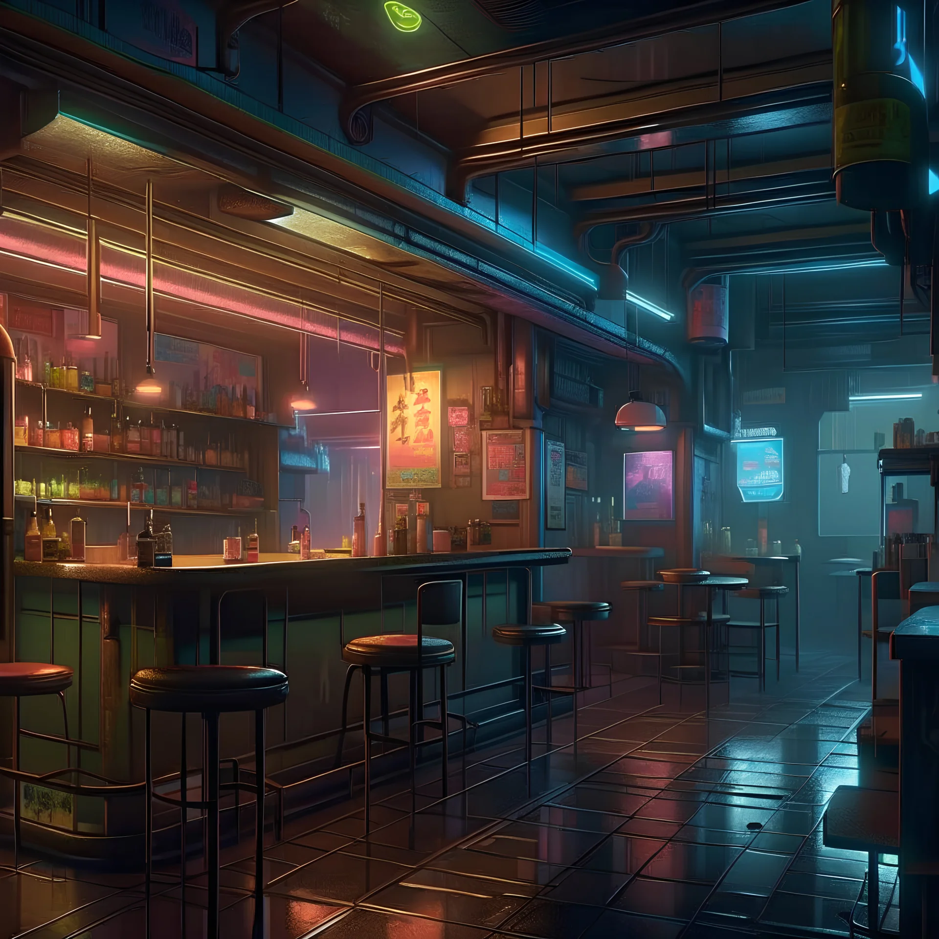 a coffeehouse in Blade Runner futuristic retrowave colors hq 4k hazy booths photorealistic crowded