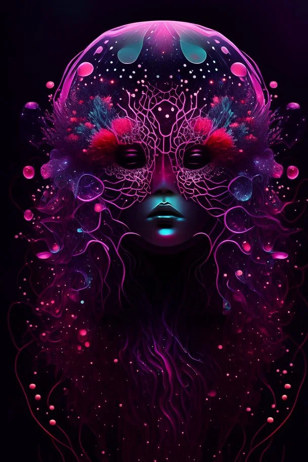 Beautiful giarl, jellyfish, mask neon crystal out her mind beautiful colorfully flowers and star pattern on fur front facing dark smooth colors high contrast background darkred tones,