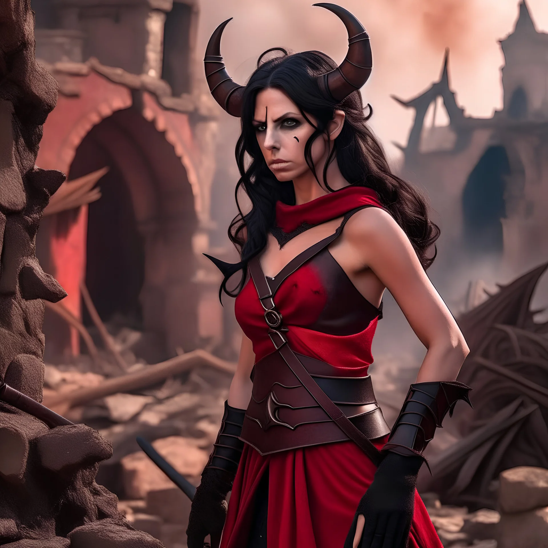 a beautiful tiefling woman with dark hair in a sleeveless battle outfit, amidst the ruins of a medieval town destroyed by war, photo quality, dark red colors