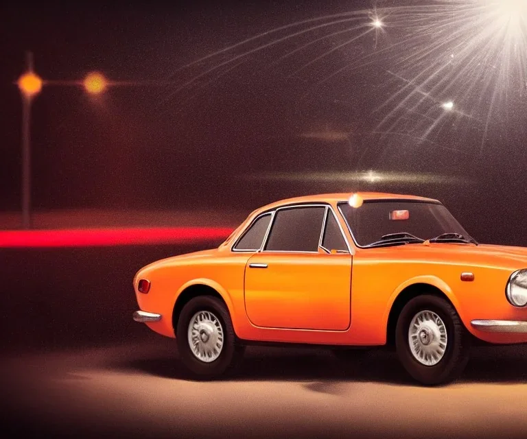 fiat 125p, city. high speed. bokeh. lens flare. warm lights. high detailed. oil on canvas