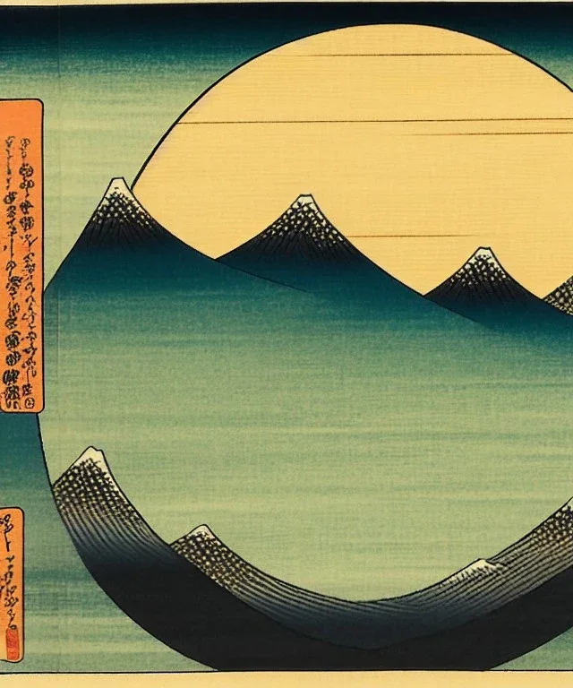 Ukiyo-e art, mountains with a sun in the background