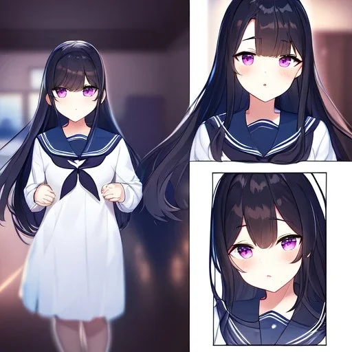 Clear focus,High resolution, Black long fluffy hair, long bangs, and purple eyes, wearing a sailor uniform, Full body, Medium Close up, High quality comic