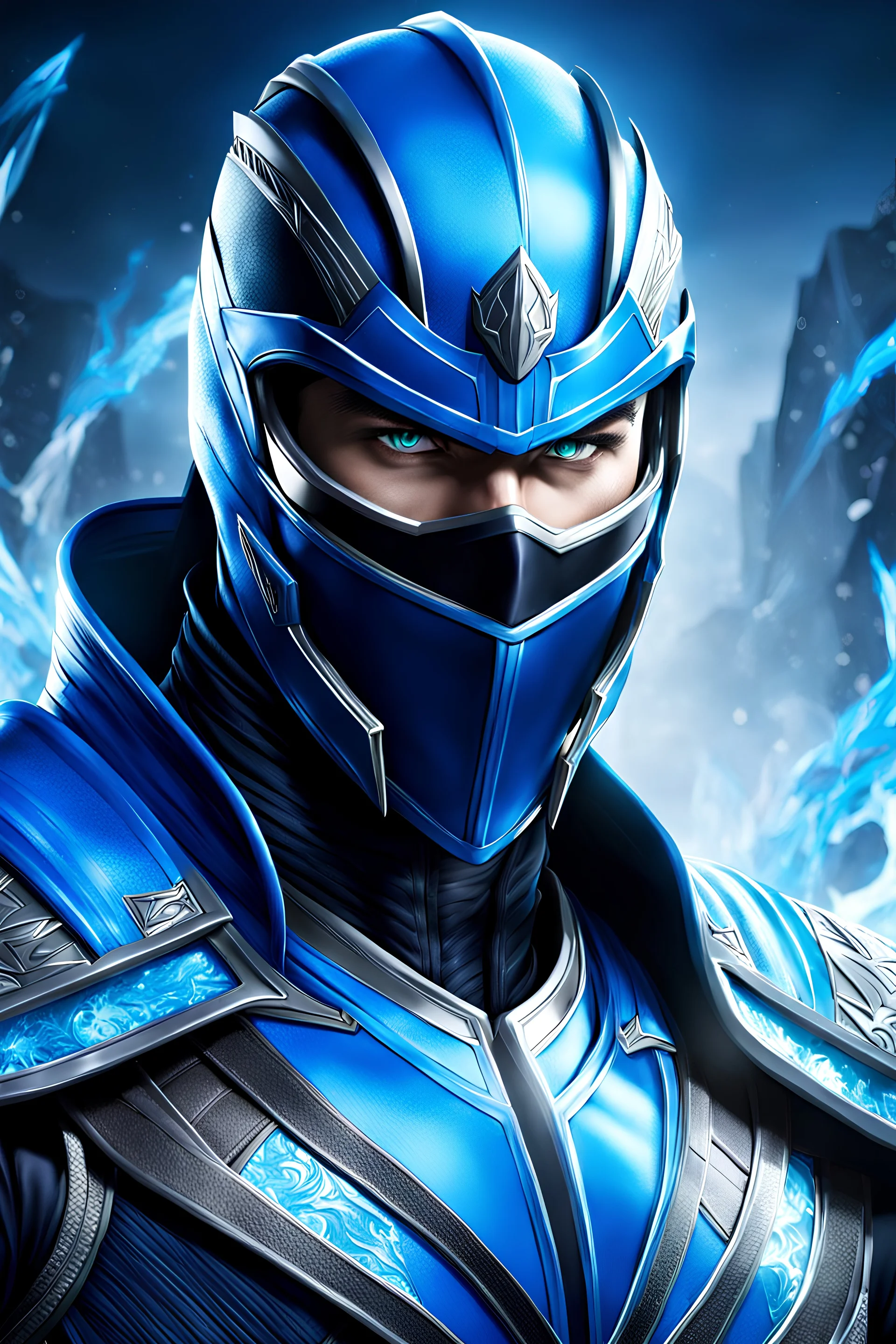 portrait of Sub-Zero from Mortal Kombat, 4k resolution, anime line art, with clear lines, no shadows, on a pure ice background suitable for Sub-Zero, fully colored with stunning colors