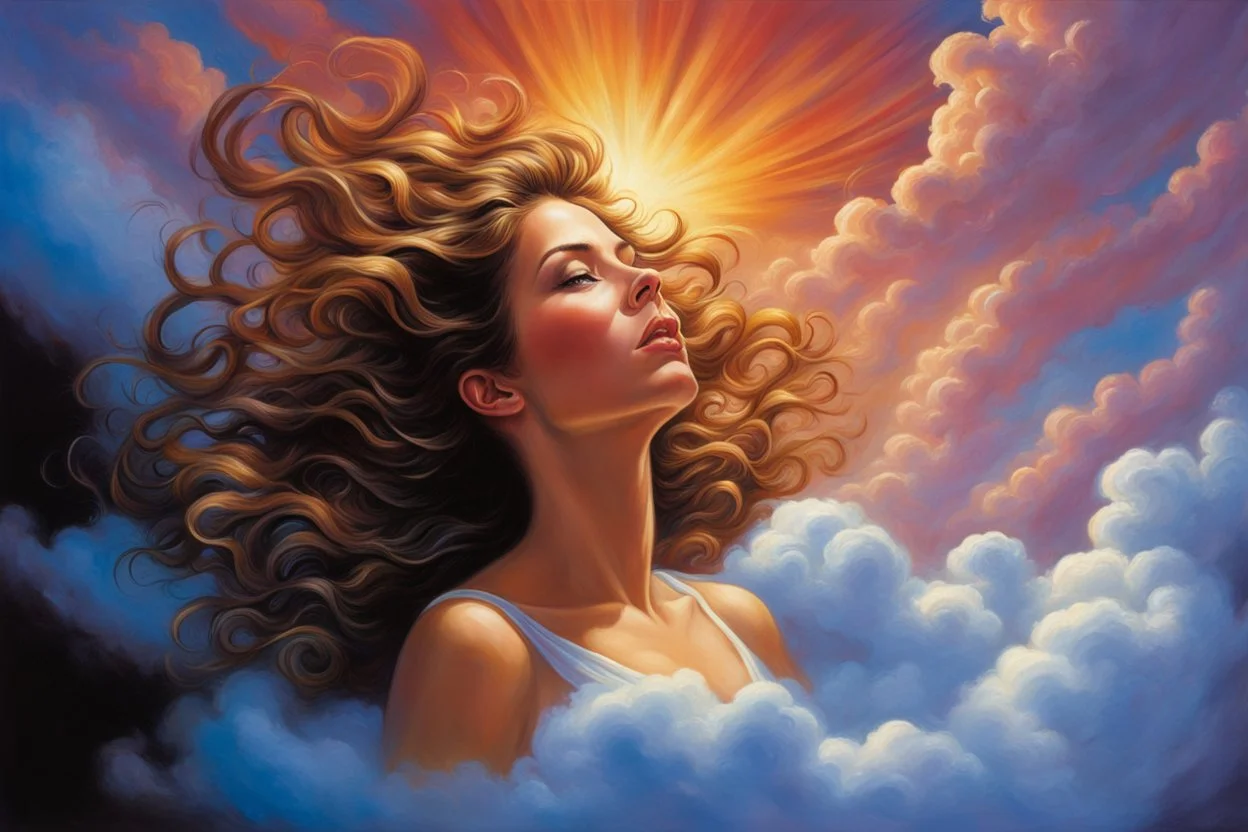 A woman having a beautiful dream floating on a cloud painted by Jeff Easley. concept art, mid shot, intricately detailed, color depth, dramatic, 2/3 face angle, side light, colorful background