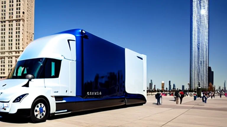 A Tesla semi-truck is parked, on the Navy Pier, in Chicago. CINEMATIC. WIDE ANGLE LENS. PHOTO REAL.
