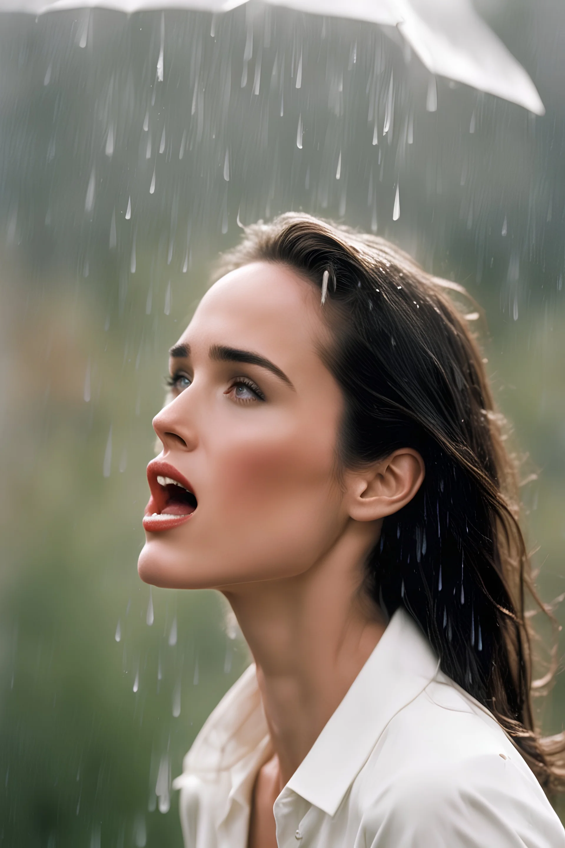 Beautiful 25 year-old Jennifer Connelly is standing outside in a rain shower with no rain-coat, umbrella, or hat on, with her head tilted up to the sky, her tongue sticking out and catching raindrops, as if reliving a childhood memory.