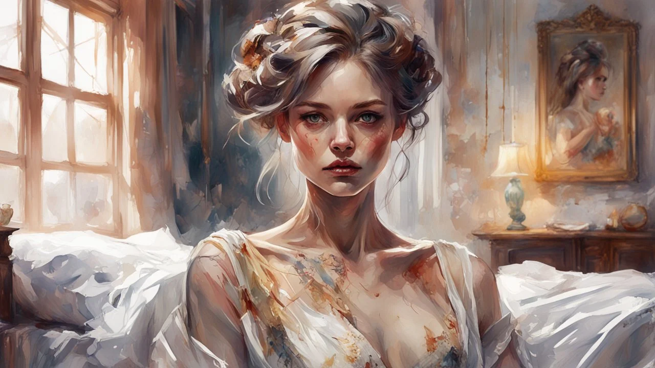 Elegant girl with fantastic face, intricate hairstyle, detailed dress, in bedroom setting, watercolor style blend influenced by Razumov, Volegov, Carne Griffiths, Wadim Kashin, ambient SF tones, intricate artwork with ominous undertone, matte painting resembling film poster, composition adhering to golden ratio, trending aesthetic on CGSociety, ArtStation, character model evoking Artg