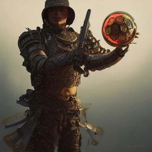 Insanely detailed photograph of an “ armored male mariachi holding glowing D20” with intricately detailed Sombrero, intricate charo, hyperdetailed painting by Ismail Inceoglu Huang Guangjian and Dan Witz CGSociety ZBrush Central fantasy art album cover art,8K, hdr, mysterious, flickeringlights ,Stoic