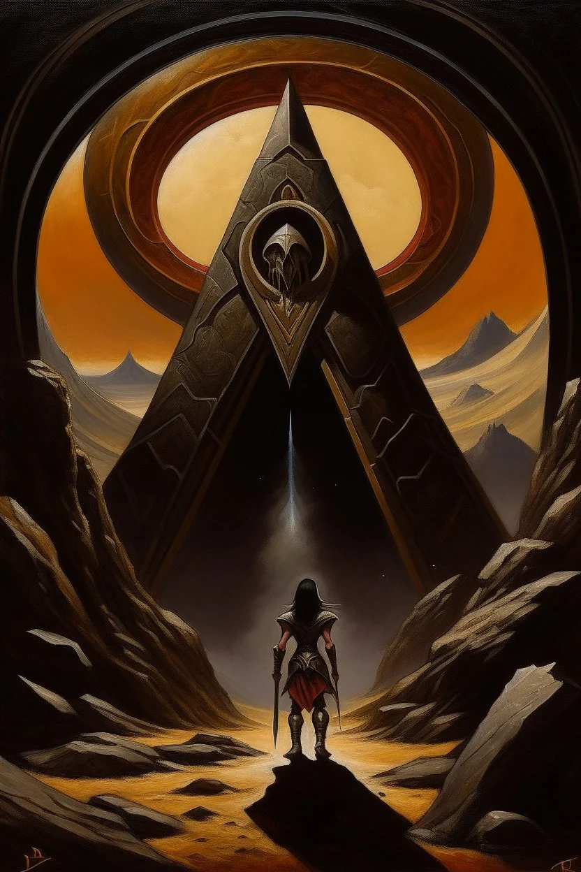 1970's dark fantasy cover dnd style oil painting of a logotype with minimalist far perspective.