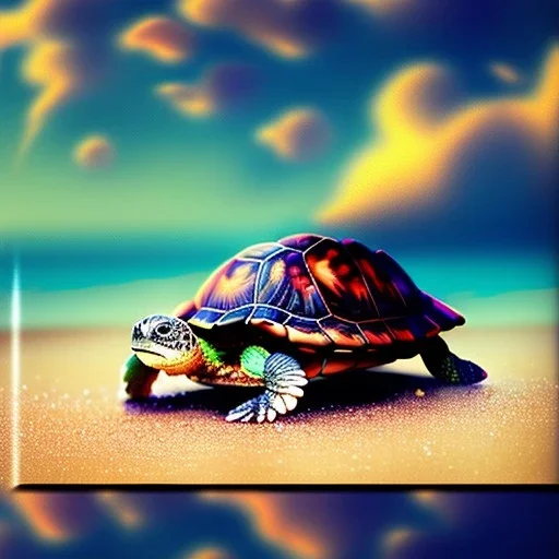 bebe tortuga,conchas, en la orilla de la playa, con nubes de colores, pájaros, barcas, con estilo de Van Gogh 4k