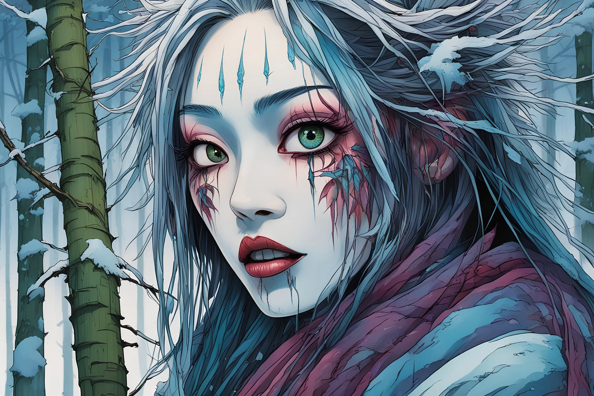 full color front facing portrait of a haggard and malevolent Yuki-Onna possessed woman with highly detailed hair and slim, narrow facial features, in a haunted snow clad, winter mountain bamboo forest, pierced by shafts of moonlight , art in the style of Alex Pardee, spirited away, studio ghibli, , 8k , finely detailed and precise line work, soft gauzy pastel colors