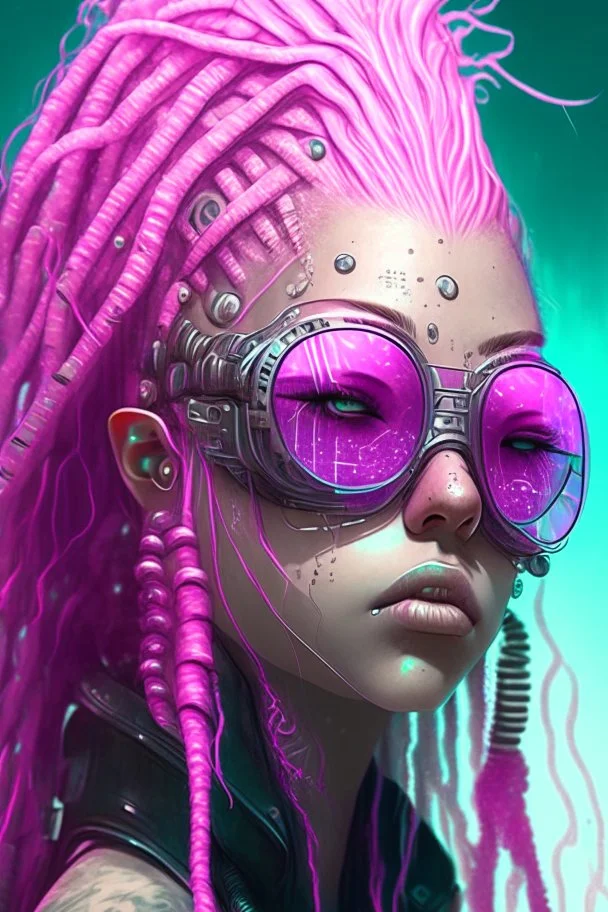 mermaid cyberpunk some fish scales on face light pink hair dreadlock sunglasses